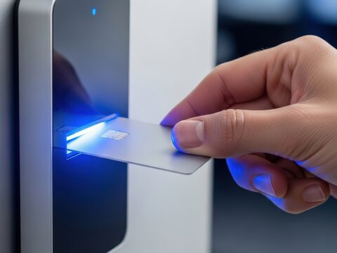 A hand inserts a chip card into a modern card reader illuminated by bright blue light, typically used for access control or payment transactions.