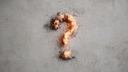 Close-up of a question mark made of fire. the question mark is in the center of the image and is made up of small particles that are scattered around it.