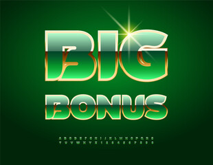 Vector Casino logo Big Bonus. Classy Green and Golden Font. Trendy Lavish Alphabet Letters and Numbers set