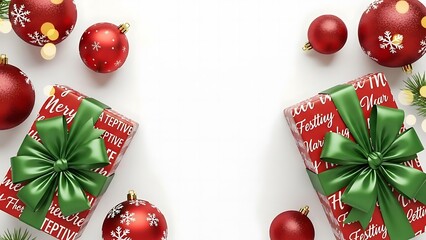 Christmas gift boxes surrounded by red baubles on white background