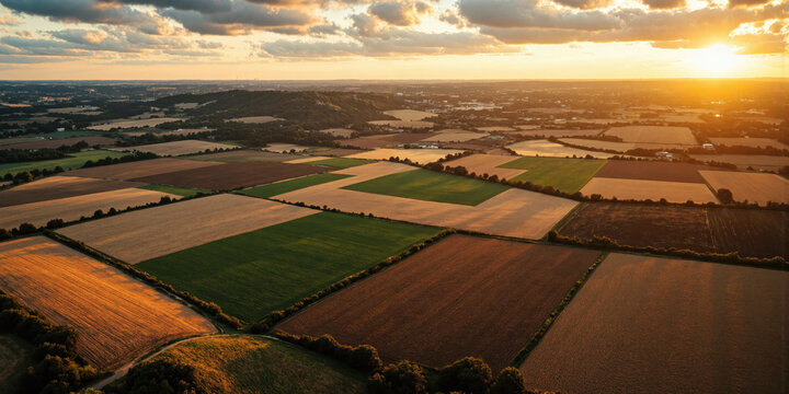 Regenerative Farmland Patterns Sustainable agricultural fields viewed from above creating abstract geometric patterns in trending earth tone palette without machinery