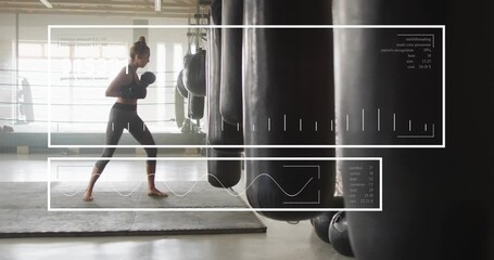 Female boxer stepping forward, throwing jabs and crosses at heavy bags, HUD showing metrics - Powered by Adobe