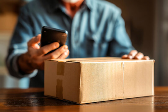 Man captures proof of parcel delivery with smartphone in indoor setting Generative AI