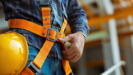 A worker adjusts his safety harness while wearing a hard hat at a construction site, emphasizing essential safety practices in the industry