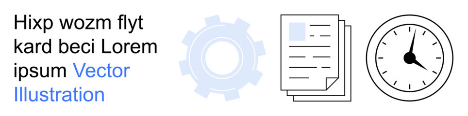 Workflow optimization, productivity tools, project planning, task management, time tracking, efficiency improvement. Gear, documents and clock icons key . Workflow optimization and productivity