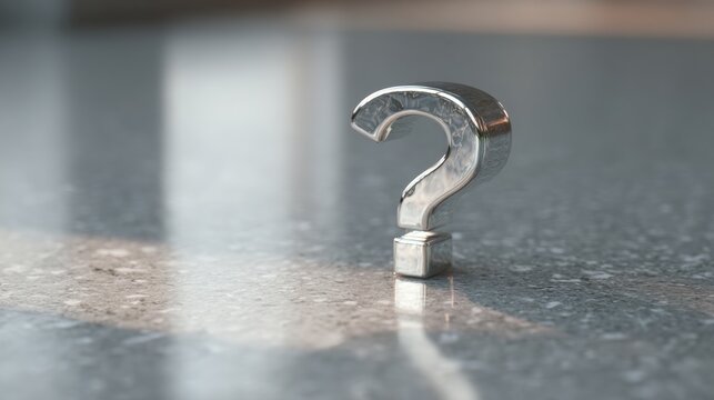 Close-up of a silver question mark on a gray marble surface. the question mark is in the center of the image and is slightly tilted to the right.