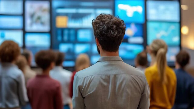 Group of people focused on digital screens, engaging in a collaborative work session in a tech savvy office environment