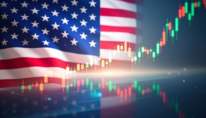 Uptrending stock market candlestick chart overlaid on a blurred American flag, symbolizing U.S. financial growth and economic stability.