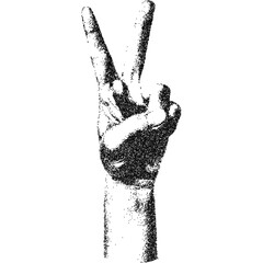 Distressed stipple hand, black grain texture of peace sign. Grunge photocopy noise effect on white background, vector illustration