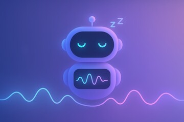 Whimsical sleeping robot with digital heartbeat, showcasing harmony between technology and serenity in futuristic design captured with clarity