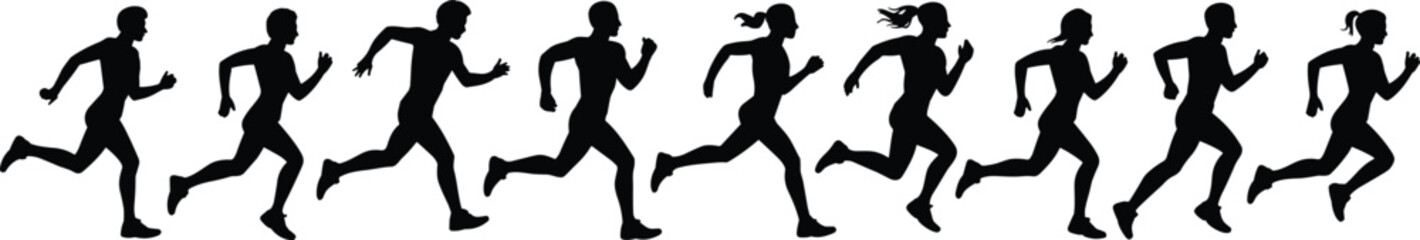 Silhouettes of nine running figures in motion sequence, illustrating dynamic movement for sports, animation, and fitness design themes.