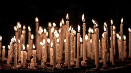Numerous white wax candles flicker brightly against a dark background