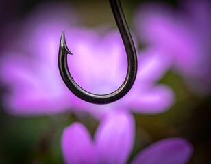 Close-up of a dark fishing hook, set against the blurred backdrop of delicate purple flowers
