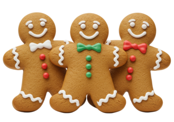 Three cheerful, anthropomorphic gingerbread men cookies, meticulously decorated with glossy red and white icing and festive bow ties, sharp focus against a transparent copy space background. concept