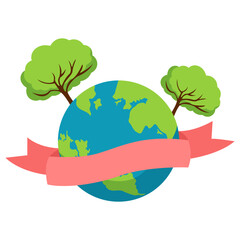 Fototapeta premium Earth Globe with Green Trees and Blank Ribbon Banner for Environmental and Conservation Concepts