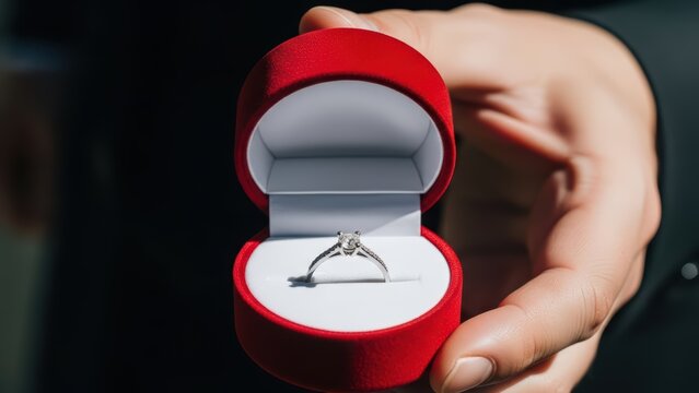 Man holding a diamond engagement ring in a red velvet box. Proposal concept for Valentines Day, anniversary, or wedding preparation.