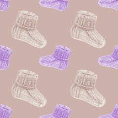 Beige and purple knitted socks in seamless pattern for World Prematurity Day awareness.Watercolor illustration for baby products,charity projects,medical campaigns,supportive social media content