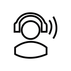 Stylized line art icon represents a person wearing a headset, with sound waves emanating from the side. Symbolizes a call center agent, customer support, or telecommunication related to telemarketing