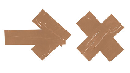 Roughly torn brown adhesive tape pieces forming a clear arrow and a distinct 'X' mark, symbolizing...