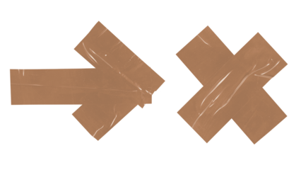 Roughly torn brown adhesive tape pieces forming a clear arrow and a distinct 'X' mark, symbolizing direction, correction, or negation, isolated on white for graphic use