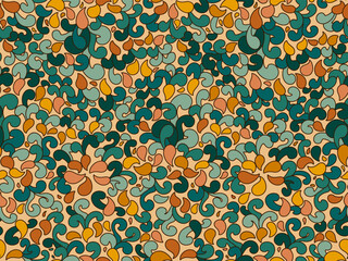 Hand-Drawn Retro Paisley Floral Waves in Turquoise and Warm Tones