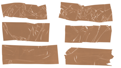 Collection of brown duct tape strips with a textured finish, isolated on a white background, showcasing varied shapes and edges