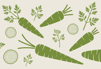 Green carrots and cross sections with fern leaves on light background crosssections © Ripa_Moni