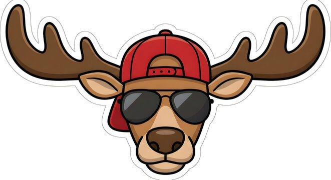Cool Cartoon Reindeer Headshot Wearing Aviator Sunglasses and Backwards Cap, Flat Graphic Sticker Style with Bold Outlines Isolated on White Background.