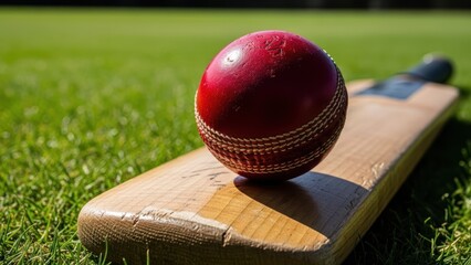 Red cricket ball sitting on a brown cricket bat on green grass. Sports equipment for recreation, game, competition concept.