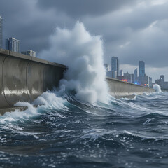 Powerful ocean waves crash against a city seawall under a dramatic sky