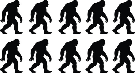 Silhouettes of ten identical Bigfoot figures walking, black illustration representing cryptid motion and folklore symbolism