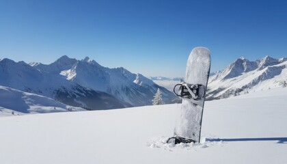 Single snowboard planted in pristine snowfield overlooking vast mountain range under bright blue sky conveying solitude winter sport exploration and serenity