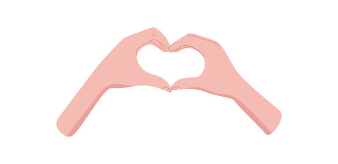 Fototapeta premium Colorful flat hand heart gesture. Two human hands form a heart shape, symbolizing love, unity, and support. Represents friendship, aid, and solidarity in a creative minimalist style.