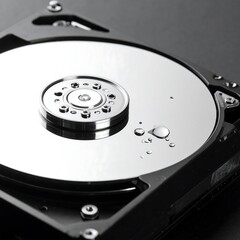 Close-up of a data storage component with reflective surface, several water droplets