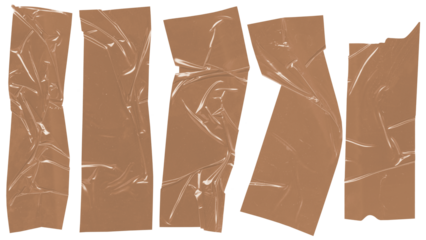 Isolated brown packing tape strips, featuring crumpled textures and torn edges, ready for use as design elements or textured backgrounds in creative projects