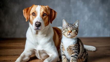 An adorable canine and feline pair share a peaceful moment, highlighting their harmonious coexistence and special bond as beloved domestic pets