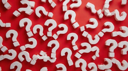 Flat lay of multiple white question marks scattered on a red background. the question marks are of different sizes and shapes, with some being larger and some being smaller.