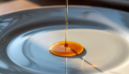 A thin stream of golden-brown syrup or honey pouring onto a white ceramic plate, creating a small reflective puddle.