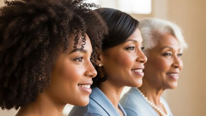 Three generations of african american women smiling together. Family bonding and future vision. Concept of aging well and happy relationships.