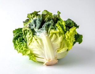 Close-up of a decaying lettuce head with green and moldy white, vibrant leaves
