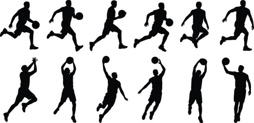 Silhouettes of twelve basketball players in motion, showcasing dribbling, running, shooting, and dunking poses across two dynamic rows