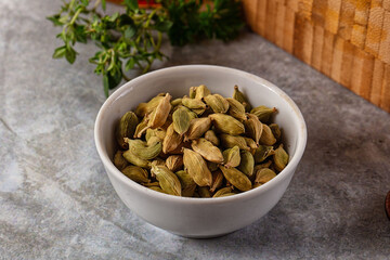 Green dry cardamom heap spices aroma