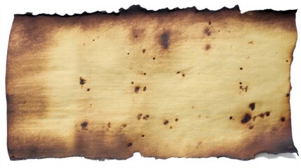 An aged piece of paper with a burned appearance, showing uneven discoloration and black scorch marks,