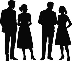 Silhouettes of two pairs of people in formal attire interacting, ideal for themes of communication, elegance, and social connection.