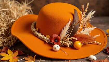 Naklejka premium Orange hat with floral decoration on wooden table with autumn leaves 