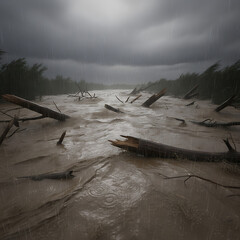 Dramatic storm surge inundates a muddy river with fallen trees and debris under a dark, stormy sky