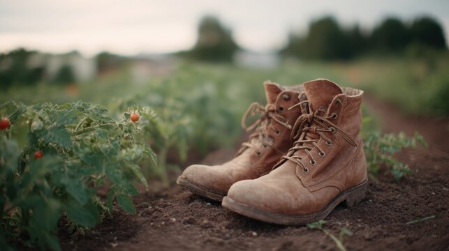 Pair of brown leather boots on the ground in a garden. the boots have laces and appear to be old and worn. - Powered by Adobe