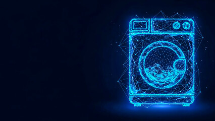 A digital, futuristic representation of a washing machine rendered in neon blue lines and geometric shapes, set against a dark, speckled background. This image conveys innovation in home appliances