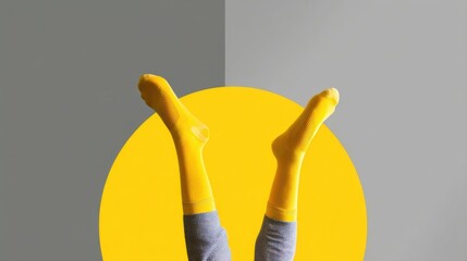 A pair of legs wearing bright yellow socks stands out against a neutral background,