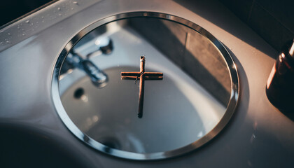 A metallic cross rests on a reflective circular surface, possibly a sink drain, with blurred reflections in the background.